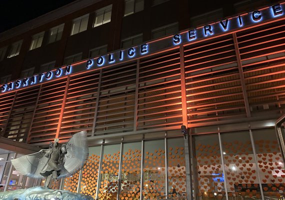 The Saskatoon Police Service Headquarters building at night